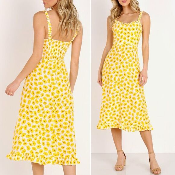 Faithfull the Brand Noemie Dress Size 8 US Yellow Floral Midi Ruffle Hem Smocked - Picture 1 of 14